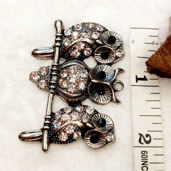 Owls On A Branch Pendant Charm Bale AB Rhinestones Silver Tone - Picture 4 of 5